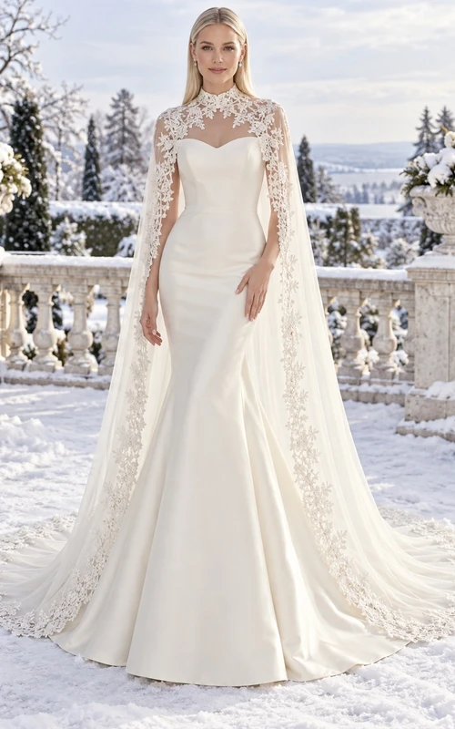 Vestido de novia de satén con capa y cuello alto y estampado floral de encaje, estilo sirena, ideal para invierno.