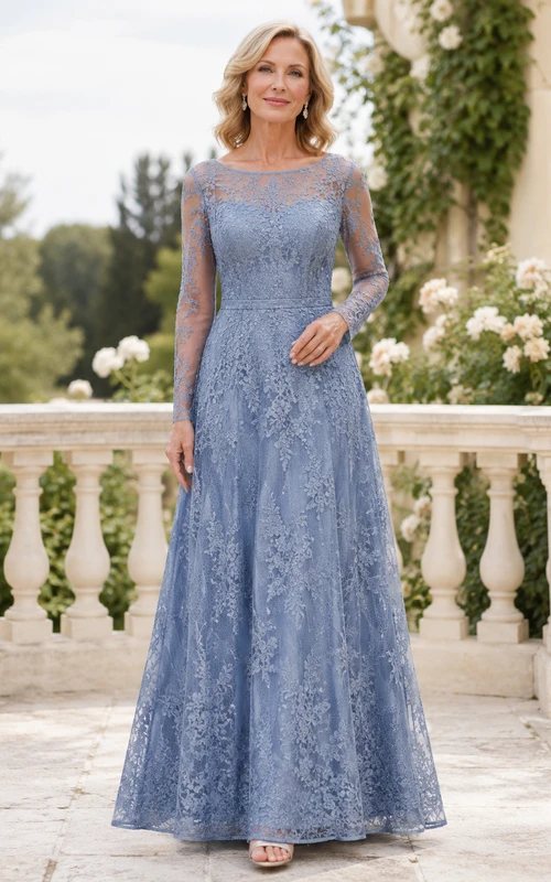 Steel Blue Romantic A-Line Floor-Length Mother of the Bride Dress with Long Illusion Sleeves and Floral Lace