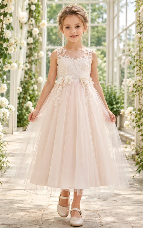 Elegant A-Line Flower Girl Dress with Jewel Neck Lace Bodice Blushing Pink Tulle Greenhouse Ceremony