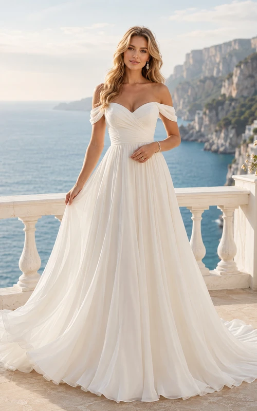 Beach Chiffon Tulle Wedding Dress A-Line Off Shoulder Sweep Train Bridal Gown