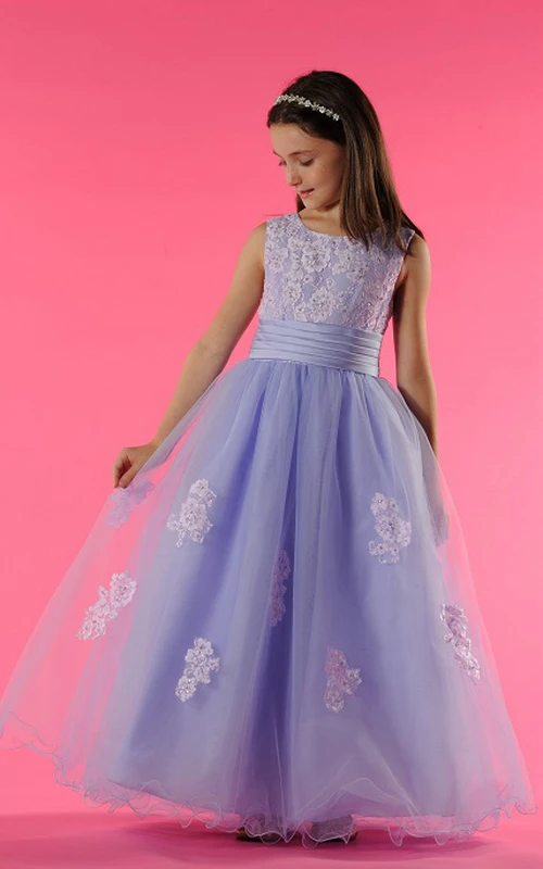 Vestido de gala de tul con escote redondo y top de encaje para niña de las flores.