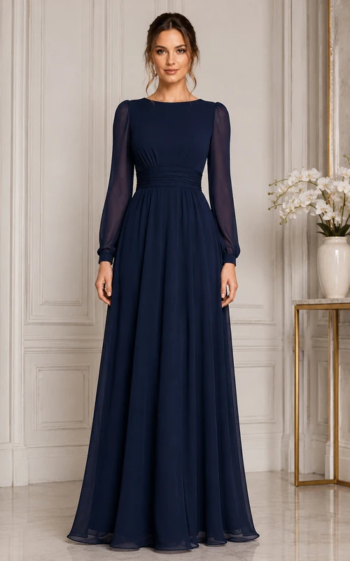 Robe de soirée trapèze en mousseline bleu marine foncé à manches longues