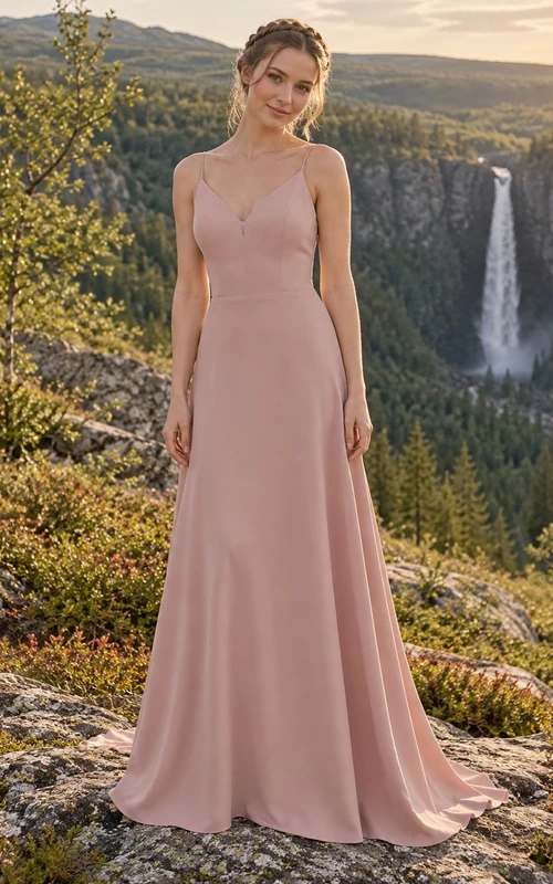 Sencillo vestido de novia de crepé color rosa empolvado, corte en A, escote en V y finos tirantes.