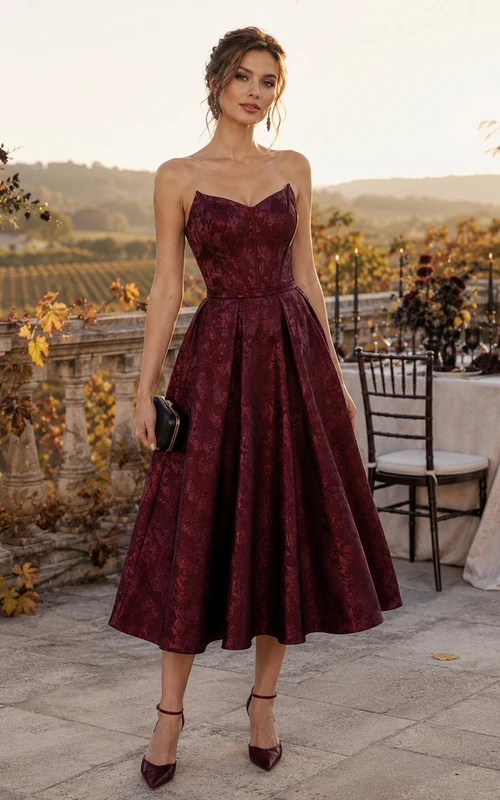 Burgunderfarbenes, trägerloses, herzförmiges, geblümtes Jacquard-Gästekleid in Teelänge
