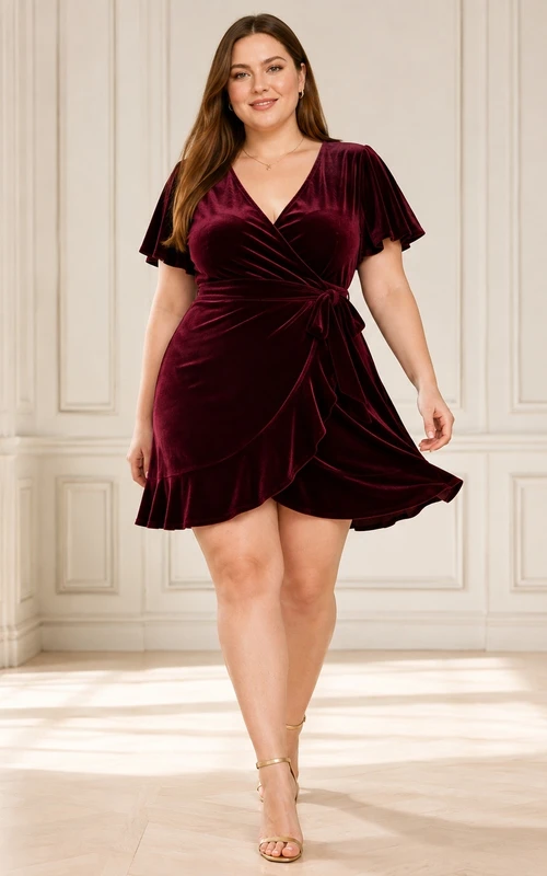 Robe de cocktail grande taille en velours bordeaux froncé, coupe fourreau portefeuille, manches courtes, idéale pour les fêtes de fin d'année.