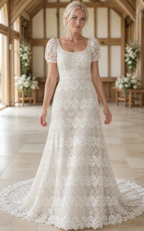 Vestido de novia catedral de corte A con escote cuadrado, mangas abullonadas y encaje floral