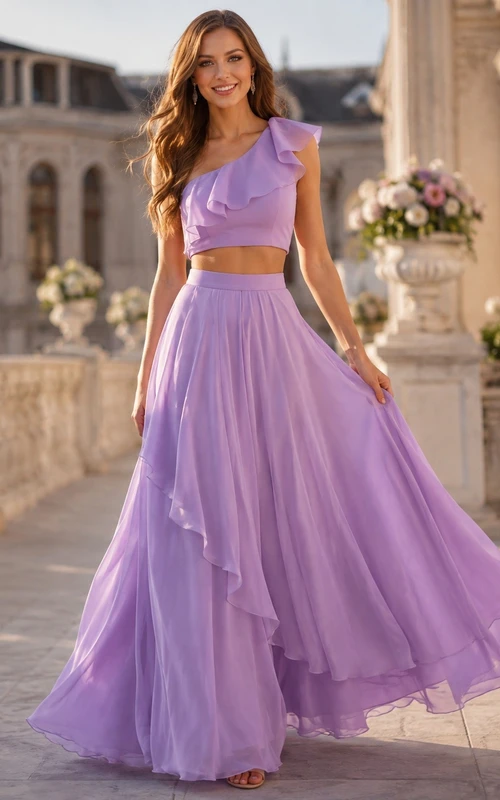 Lavender One Shoulder Two Piece Tiered Tulle Prom Dress Classic