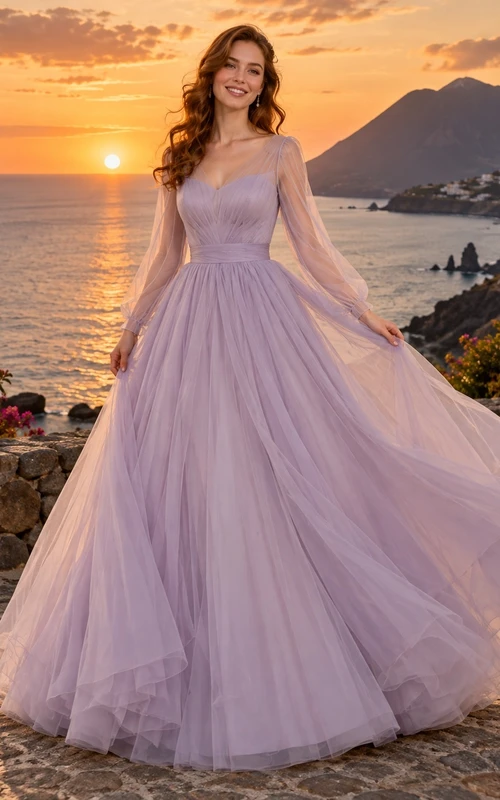 Vestido de novia de satén de tul color lavanda con escote redondo, corte en A, mangas largas y cola.