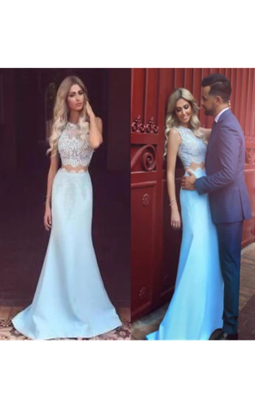 Meerjungfrauen-Trompeten-Kleid aus Satin, Spitze und Schmucksteinen, ärmellos, mit Reißverschluss und Illusionseffekt