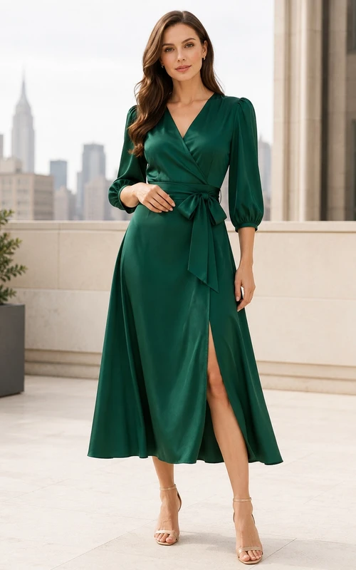 Vestido de cóctel de satén verde oscuro con escote en V cruzado, manga tres cuartos, corte en A y largo hasta la rodilla