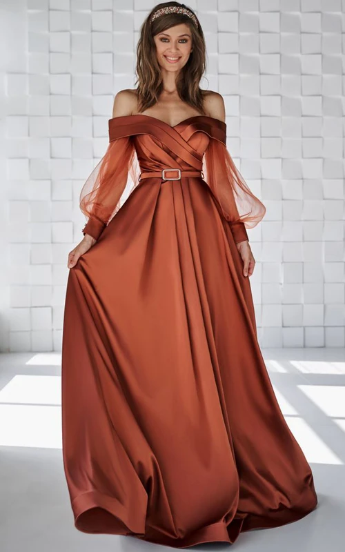 Vestido largo abullonado con escote Bardot y tirantes cruzados, con cola.