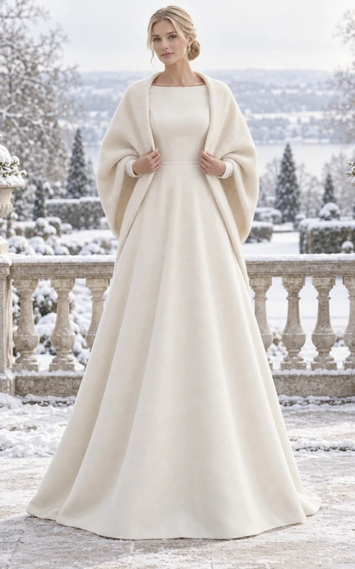 Simple Bateau A-line Winter Wedding Rounded Draped Cape Dress