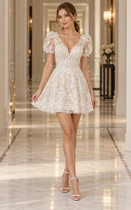 Short V-neck Lace Sleeve Floral Full A-line Bridal Wedding Dress