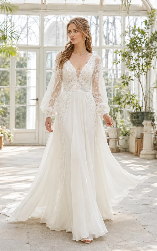 Robe de mariée en mousseline à manches longues, col en V, coupe trapèze, dos nu plongeant et traîne.