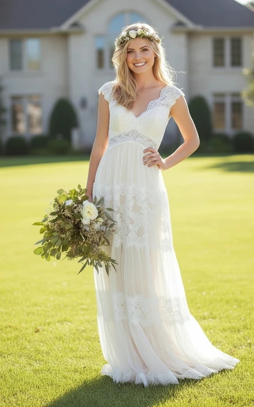 Romantisches Kleid mit kurzen Ärmeln und Spitzenapplikationen