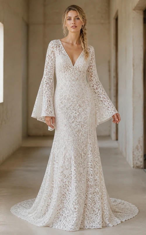 Vestido de novia bohemio de corte recto con escote en V y mangas largas hasta el suelo.