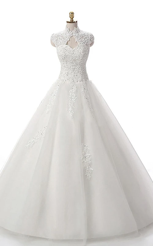 A-Linien-Kleid mit kurzem, hohem Kragen, Trägern, Raffungen, Perlenapplikationen, rückenfreiem Korsett-Ausschnitt, Schlüssellochausschnitt, Tüllspitze und Pailletten