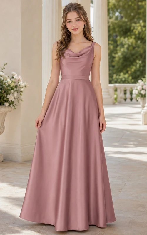 Vestido de dama de honor juvenil color rosa empolvado, corte en A, escote drapeado, sin mangas, satén elegante.