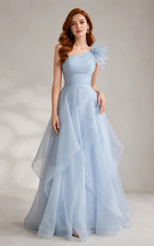 Sky Blue Ruffled Organza A-Line Formal Dress