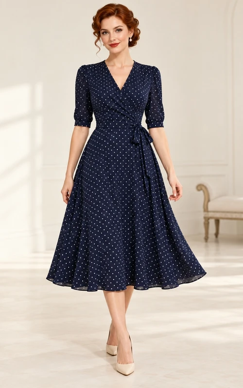 Vintage Dark Navy Polka Dot Wrap Sleeve Midi Guest Dress