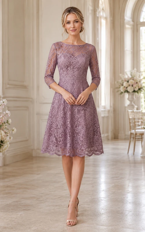 Mauvefarbenes Zeremonienkleid mit Illusionsspitze und Dreiviertelärmeln