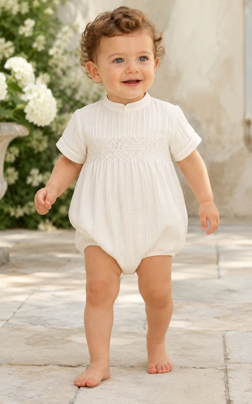 Burlete de bautizo color marfil con cuello mandarín y mangas cortas fruncidas para bebé niño.