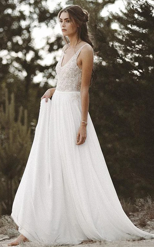 Chiffon-Spitzen-Brautkleid mit Schleppe, ärmellos, A-Linie, im Boho-Stil mit Perlenstickerei
