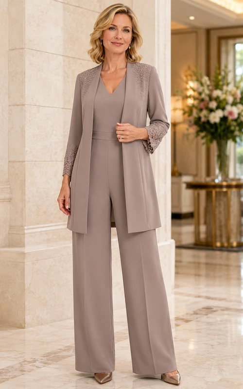 Taupe Mother Jumpsuit with V-Neck Long Jacket and Wide Leg Pants
