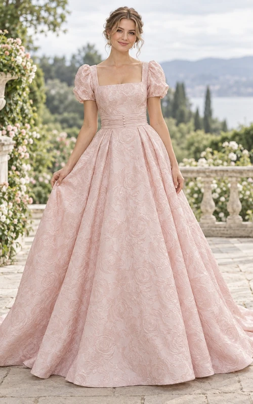 Robe de mariée de bal rose poudré à col carré, manches bouffantes et jacquard intégral