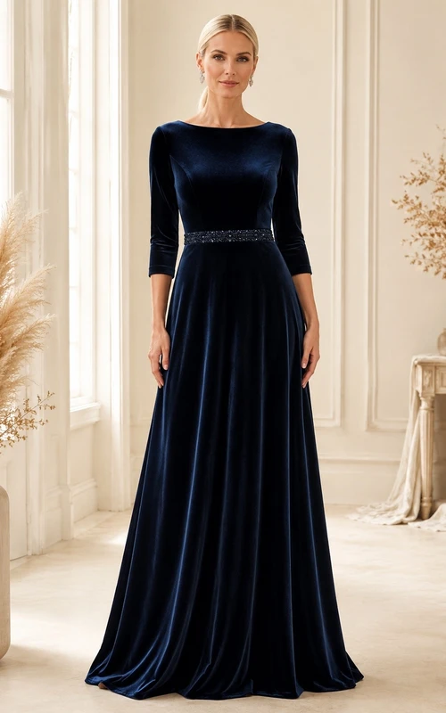 Dark Navy Elegant Square Velvet Three-Quarter-Sleeve A-Line Floor-Length Dress