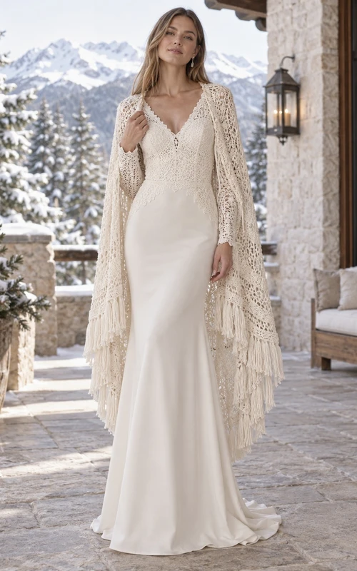 Vestido de novia bohemio de gasa con manga larga, escote en V, capa de crochet con flecos y corte recto.