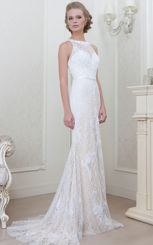 Sheath Sleeveless Appliqued Jewel-Neck Floor-Length Lace Evening Dress With Pleats