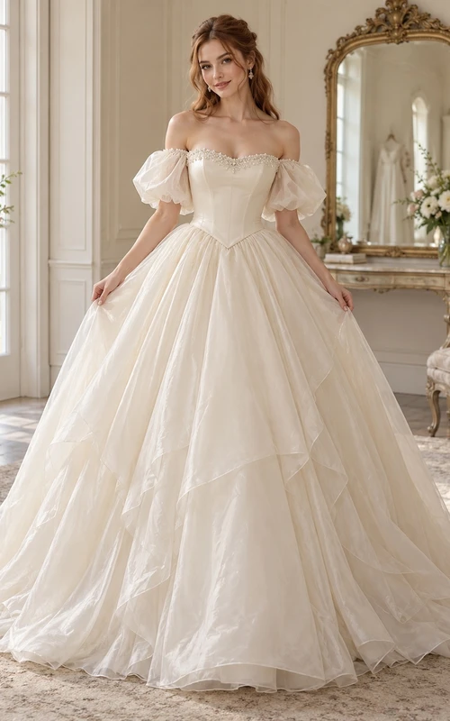 Vestido de novia romántico asimétrico con capas, corpiño de encaje y mangas abullonadas de organza, con hombros descubiertos.