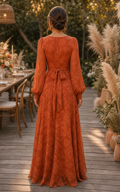 Robe portefeuille longue à manches longues en dentelle orange