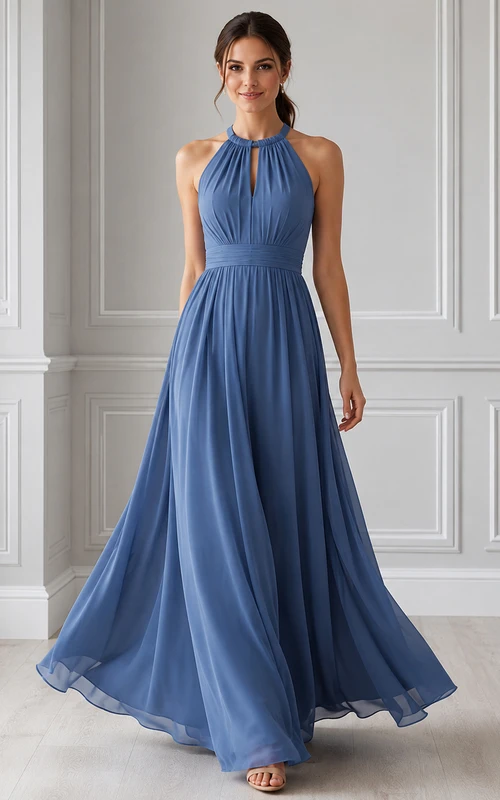 Dusty blue halter keyhole chiffon floor length A-line dress