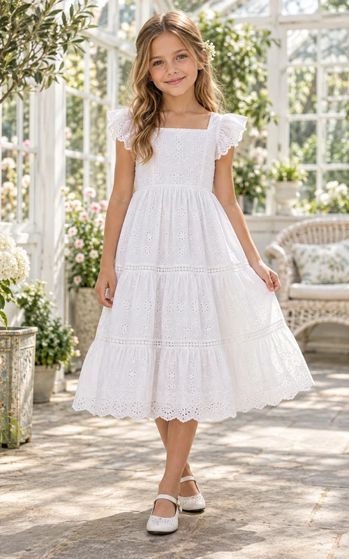 Vestido de niña de flores blanco de corte A con escote cuadrado, mangas acampanadas y volantes, largo hasta la rodilla.