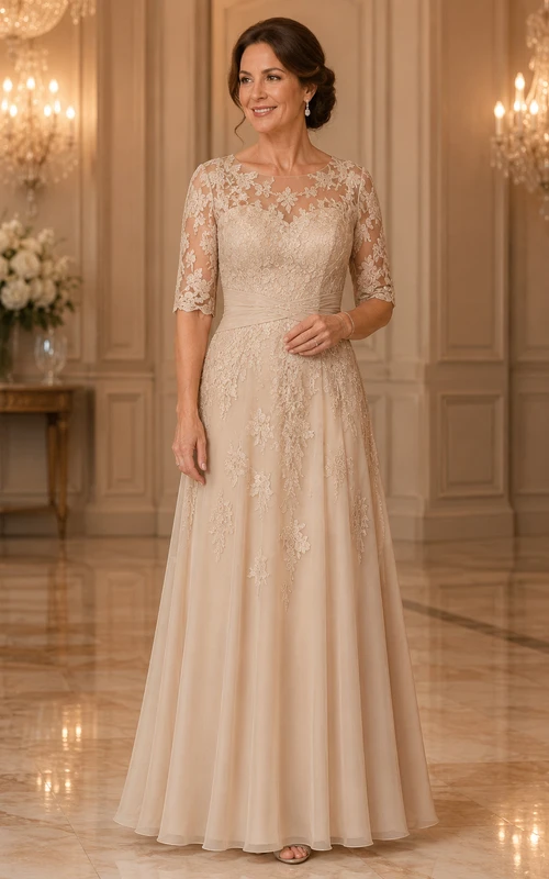 MOB Dress Champagne Chiffon Lace A-Line 3/4 Sleeve Bateau Neck Floor Length
