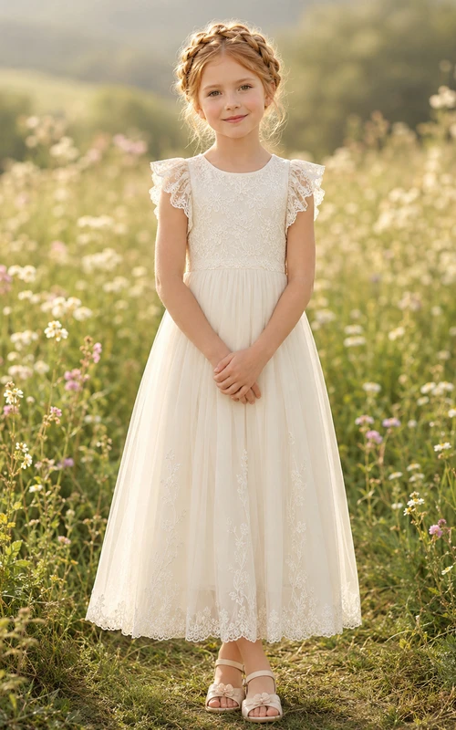 Robe de demoiselle d'honneur élégante, coupe trapèze, en tulle et dentelle florale, col bijou, manches pétales, longueur cheville