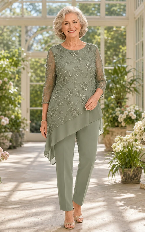Elegante, asymmetrische Chiffon-Tunika mit Perlenbesatz in Salbeigrün, gerades Bein, formeller Hosenanzug für die Großmutter der Braut