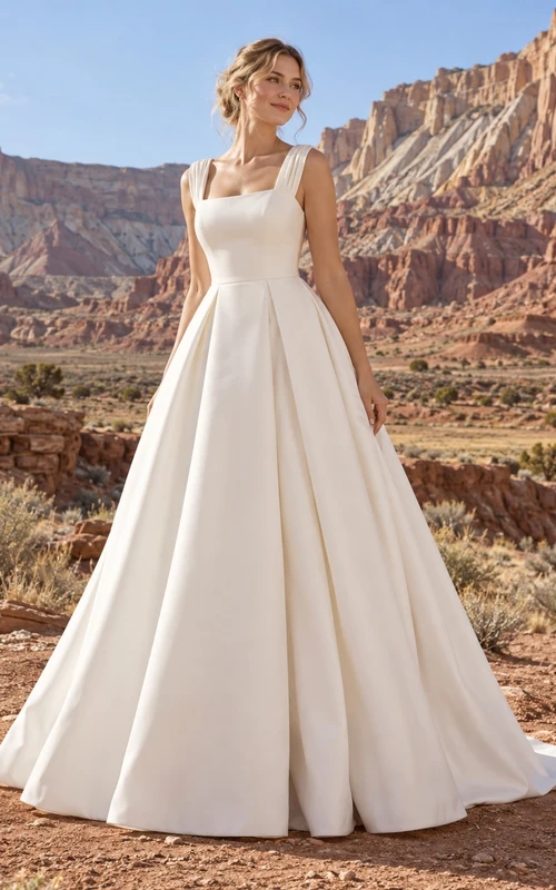 Vestido de novia sencillo de satén plisado, largo hasta el suelo, con escote cuadrado, sin mangas y pliegues profundos en la parte delantera.