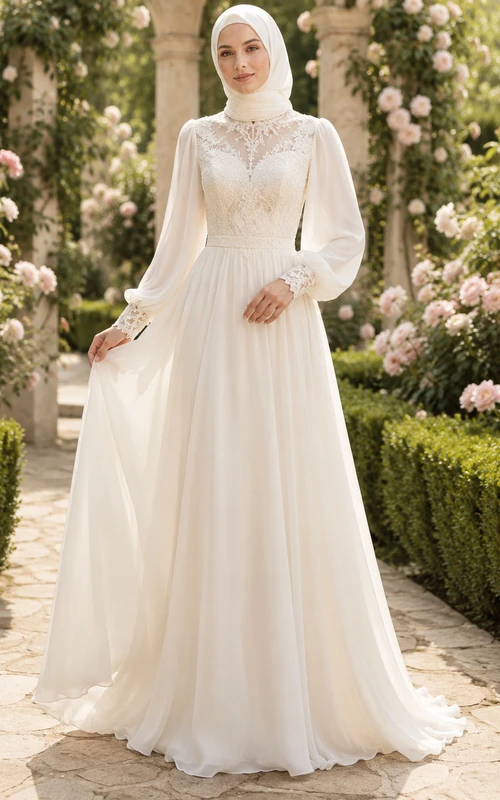 Summer Muslim Chiffon Lace Bodice A-Line Garden Wedding Dress