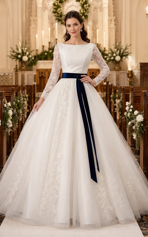 Winter Church Lace Sleeve Ball Gown Velvet Sash Dress