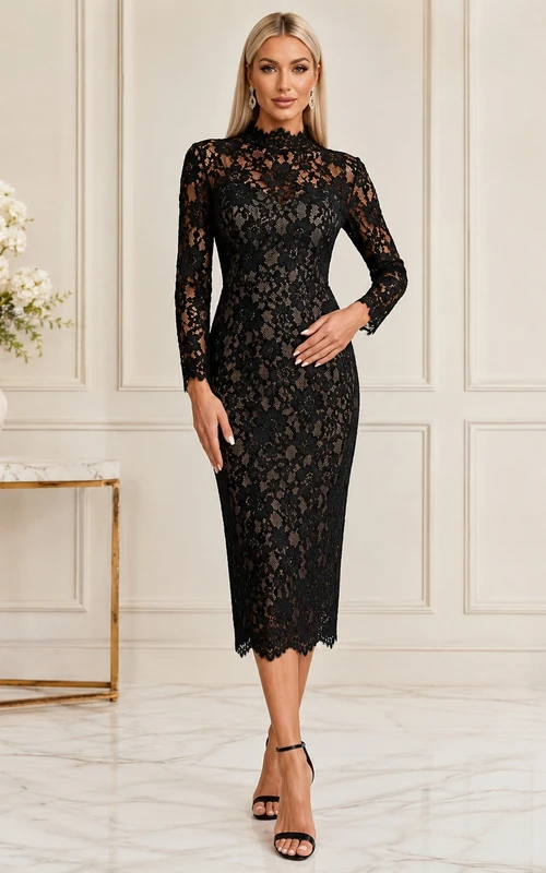 Black Lace High-Neck Long-Sleeve Sheath Tea-length Vintage Evening-Gown