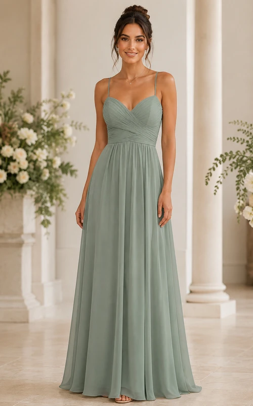 Salbeigrünes Chiffon-Brautjungfernkleid mit herzförmigem Ausschnitt und A-Linie