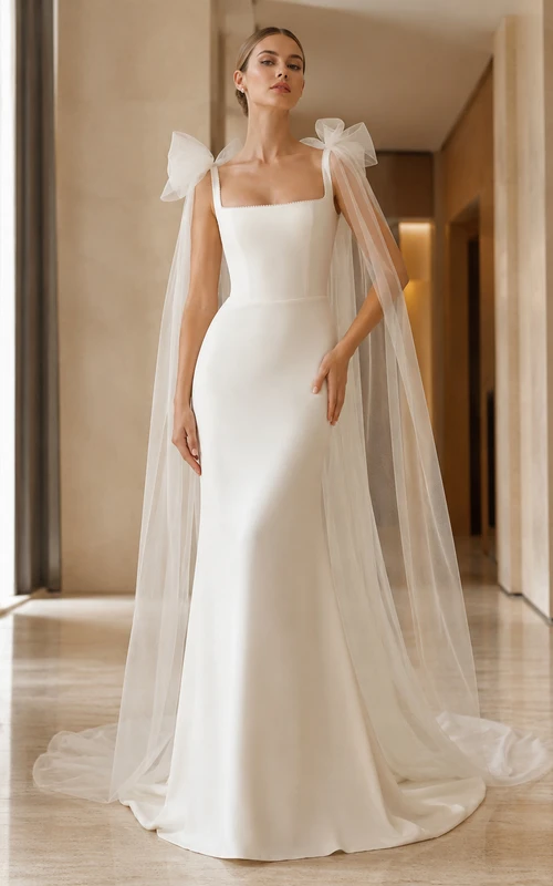 Robe de mariée moderne en satin fourreau à traîne courte et cape carrée