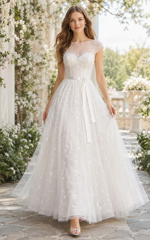 Märchenhaftes A-Linien-Kleid aus Tüll mit Illusionseffekt, herzförmigem Ausschnitt, kurzen Ärmeln, Schärpe und Spitze, knöchellang
