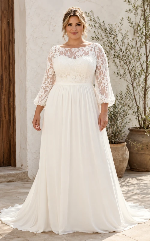 Robe de mariée bohème grande taille, manches longues bouffantes en dentelle, en mousseline, coupe trapèze, style bateau.
