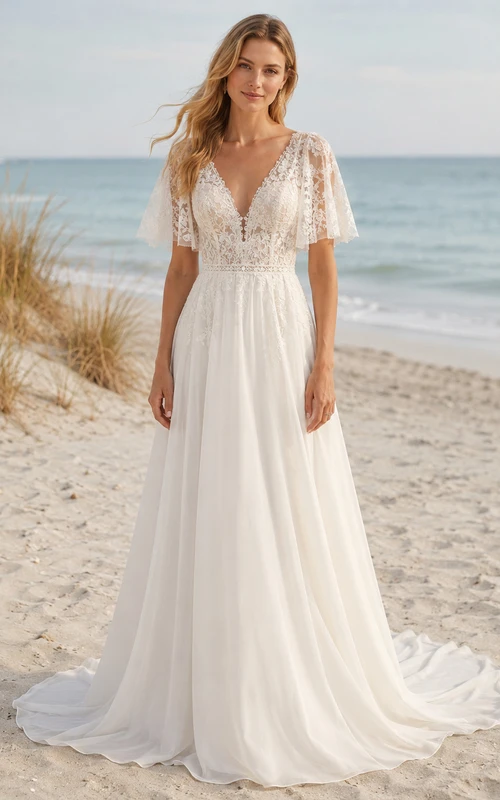 Beach Lace Tulle Wedding Dress A-Line V-Neck Cap Sleeve Sweep Train Bridal Gown