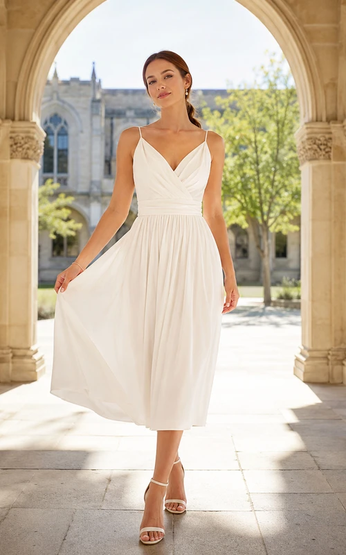Vestido midi blanco con escote en V y tirantes finos para fotos de graduación
