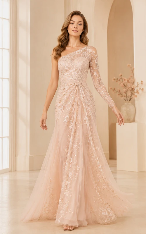 Blushing Pink One-Shoulder Glitter Tulle A-Line Formal Dress with Applique